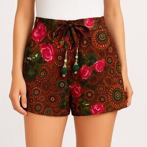 Junglee Billee Boho Rayon Free Size Shorts w/ Green Beaded Tassel Tie